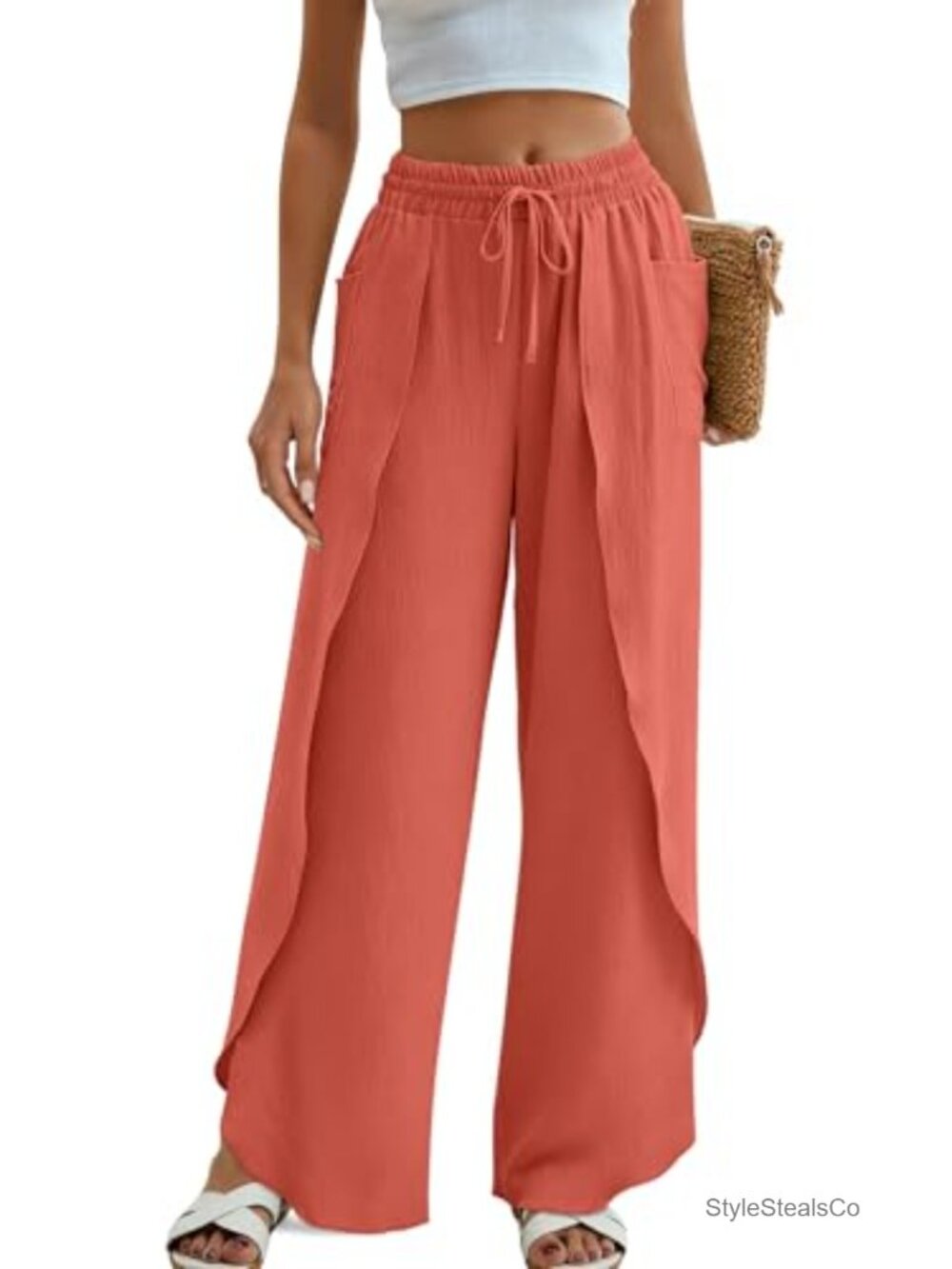 High Waisted Wide Leg Side Split Palazzo Pants with Pockets Flowy Boho Beach